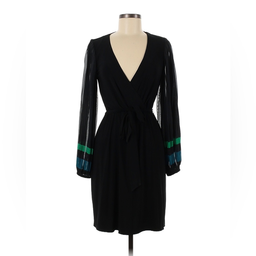 Black dress tie waist wrap dress with sheer stripe detailed sleeves